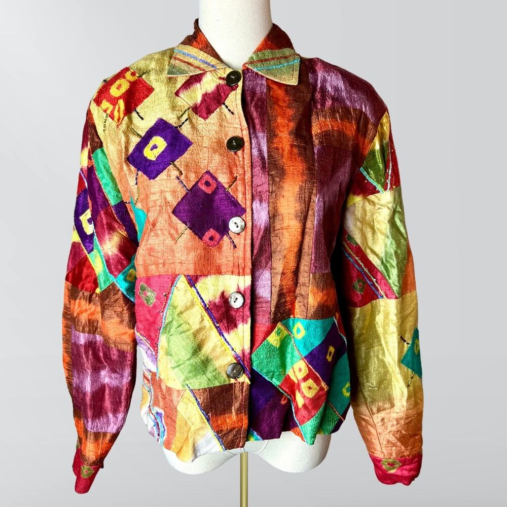 Vintage 90s Sandy Starkman 100% Silk Multicolor Button Up Jacket